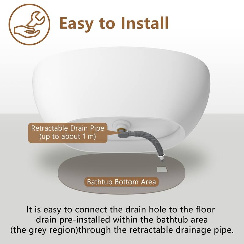CASAINC Soaking Bathtub Solid Surface Stone Bathtub with Center Drain in Matte White