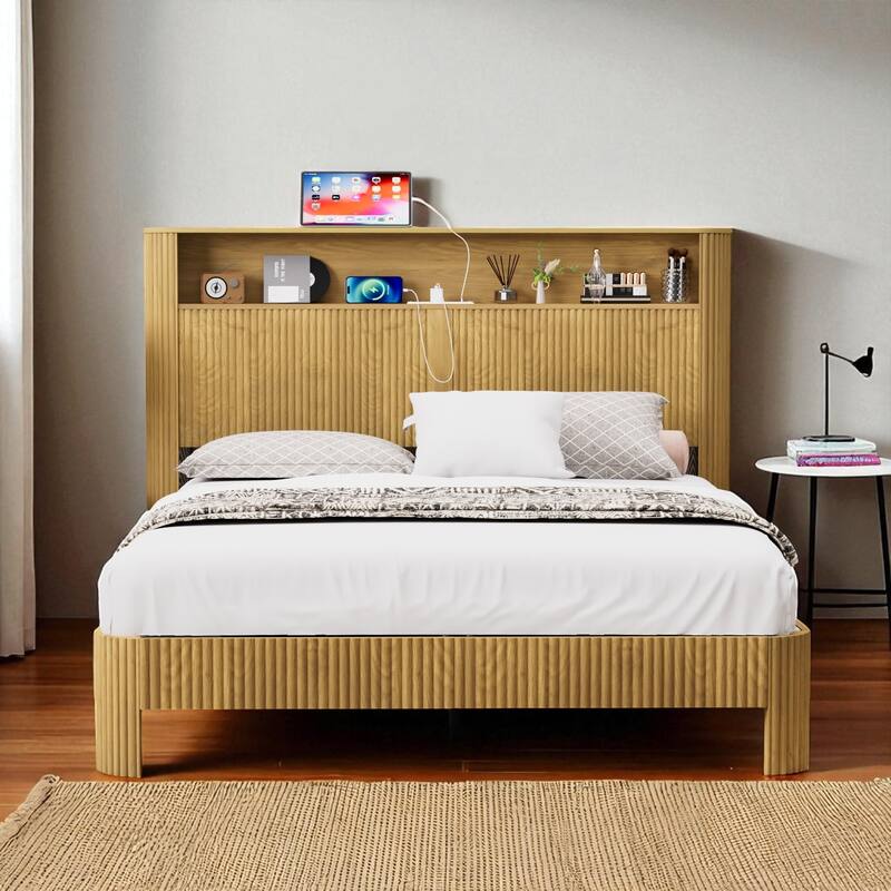 Full XL/Queen Bed Frame with Storage Headboard, USB Charging Station, Noise-Free Metal Platform with Curved Design