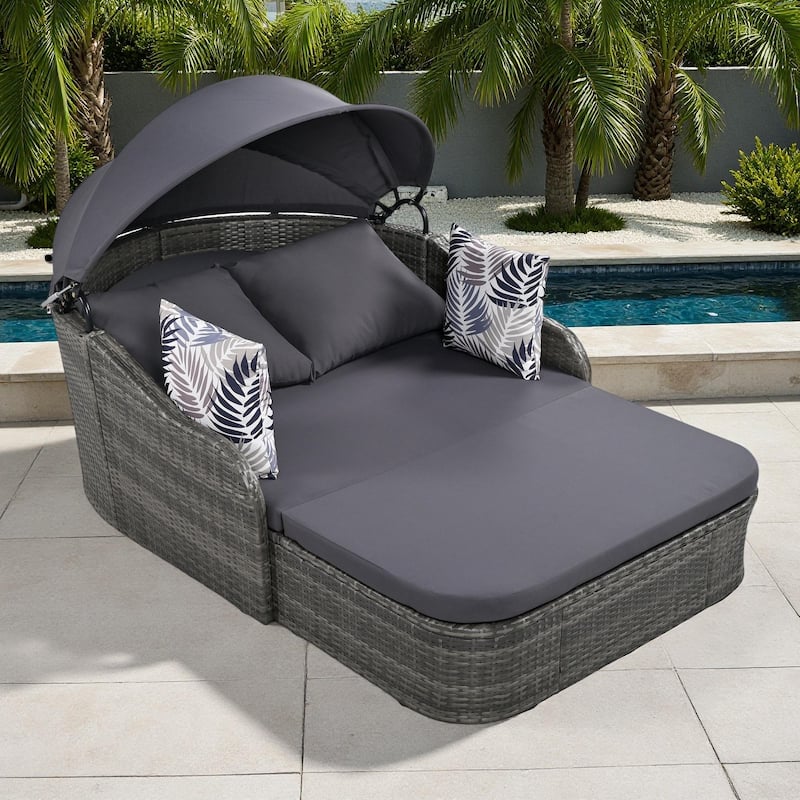 79.9" Outdoor Patio PE Rattan Daybed Sunbed with Adjustable Canopy - Gray