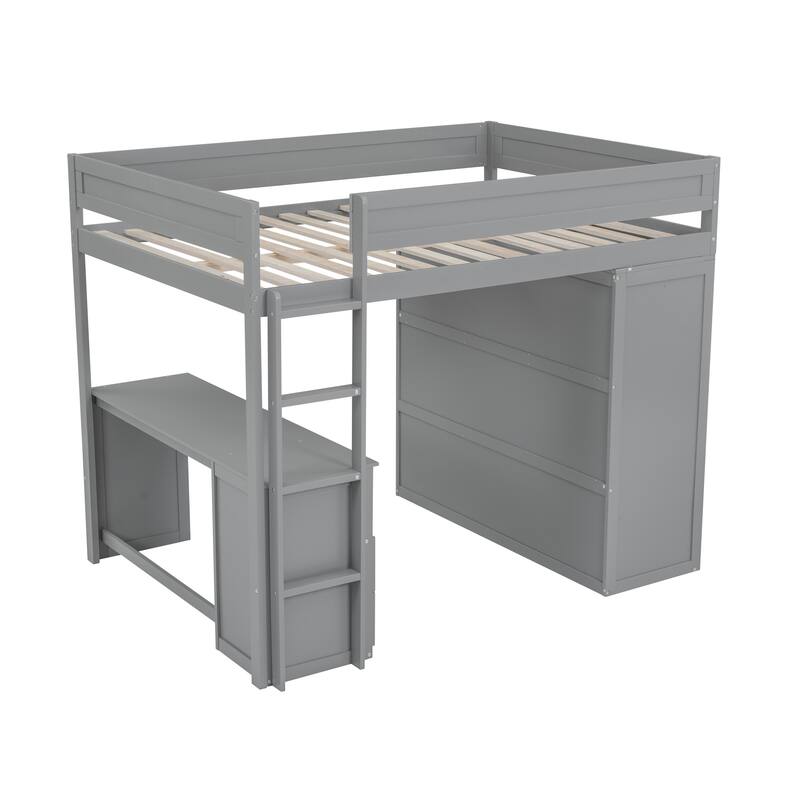 Full Size Loft Bed with Wardrobe, Desk, and Storage Drawers, Space-Saving Design