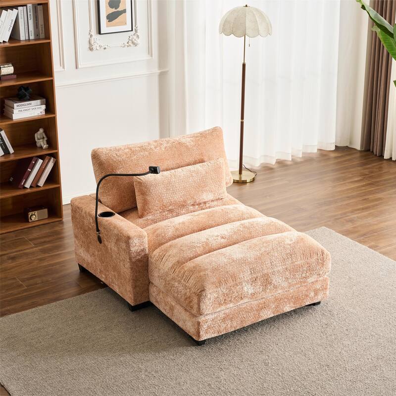 Chenille Single Sofa Chair Chaise Lounge with Phone Holder, Upholstered Recliner Sleeper Sofa Bed for Living Room - Pink