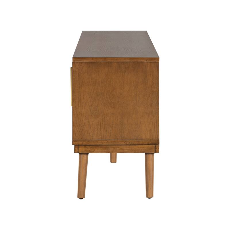 Stylish TV Stand with Vertical Striped Doors, Space-Saving Sliding Door Design, Sturdy Solid Wood Legs