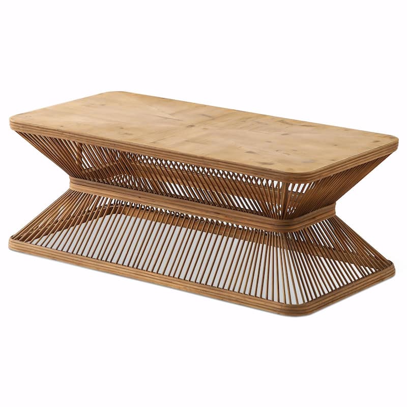 Mid-Century Modern 43.3" Rectangular Coffee Table - Wood Accent Table with Woven Bamboo Base