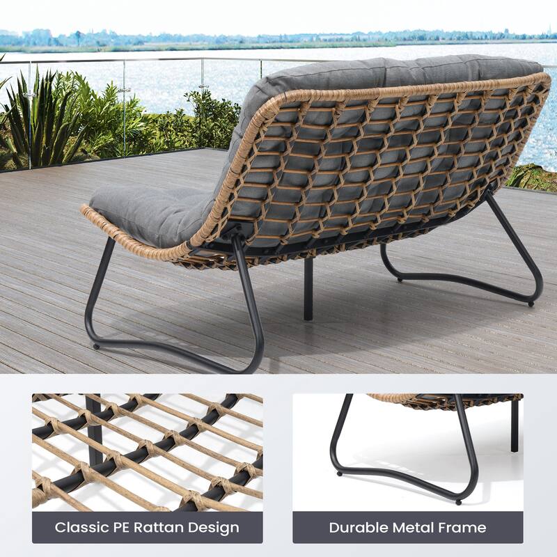 Double Papasan PE Rattan Chair Loveseat with Cushion For Indoor Outdoor