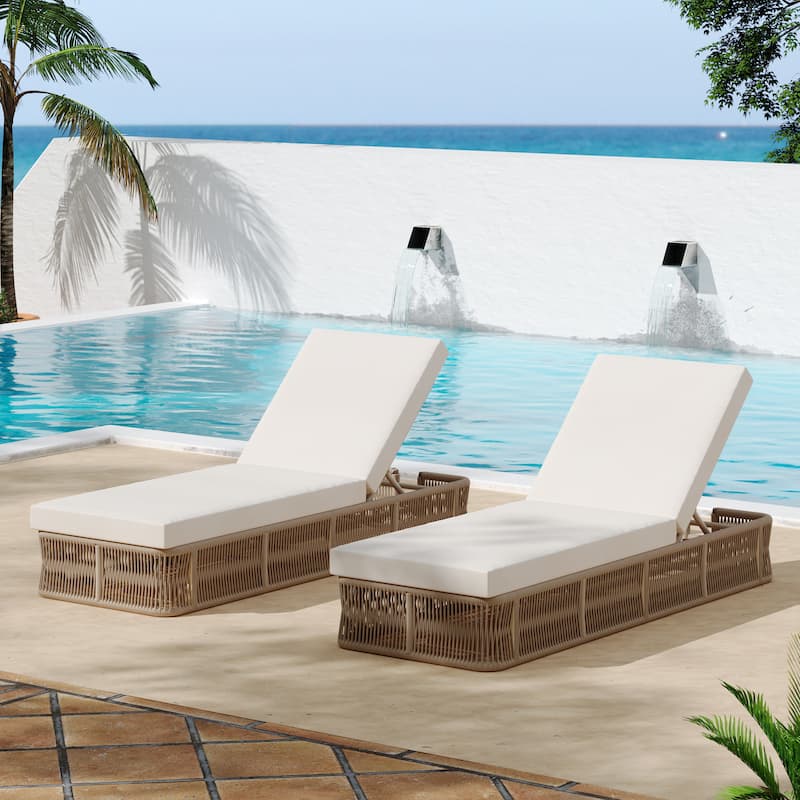 Christopher Knight Home - Solara Outdoor Adjustable Rope Base Sunlounge with Beige and White - Beige-Set of 2