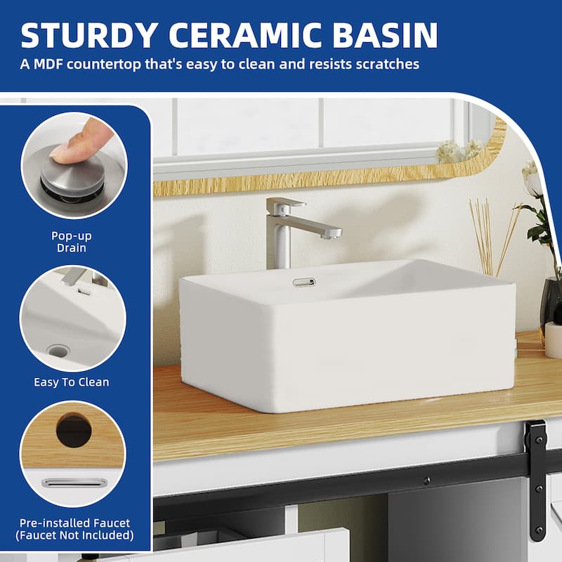 Moasis 48" Farmhouse Bathroom Vanity Cabinet with Ceramic Sink Basin and Sliding-Door Cabinet & 7 Drawers