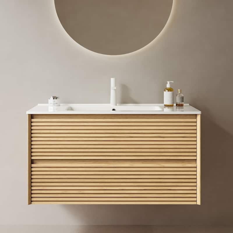 GDFStudio - Bron Modern Floating Bathroom Vanity with Integrated Rectangular Ceramic Basin and 2 Soft-Close Drawers, NO Faucet