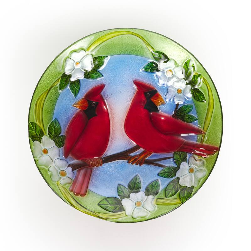 Alpine Corporation 18" Round Outdoor Birdbath Bowl Topper with Painted Red Cardinal and Floral Design