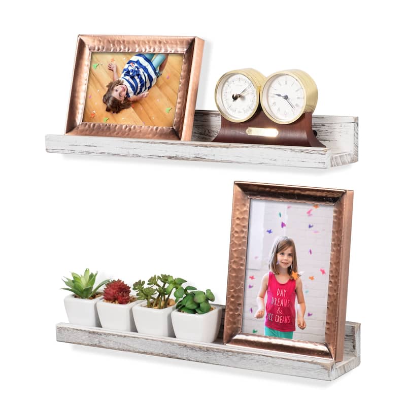 Rustic State Solid Wood Picture Ledge Wall Shelf 17 Inch - Pack of 2 - White