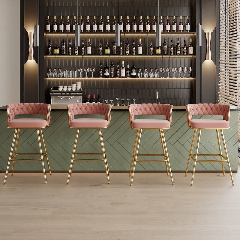 VECELO Counter Height Bar Stools with Woven Backrest 26.77" Seat Height Mid-Century Modern Upholstered Bar Chairs for Kitchen