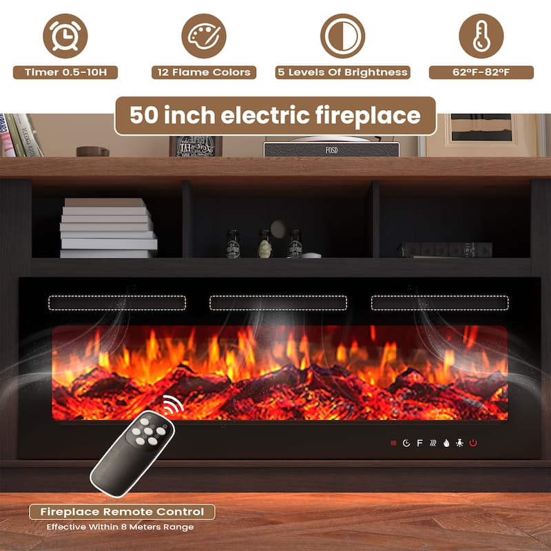 70" Traditional TV Stand with 50" Electric Fireplace, Light Strips, Sockets, Open Shelves, and Cabinets for TVs up to 80
