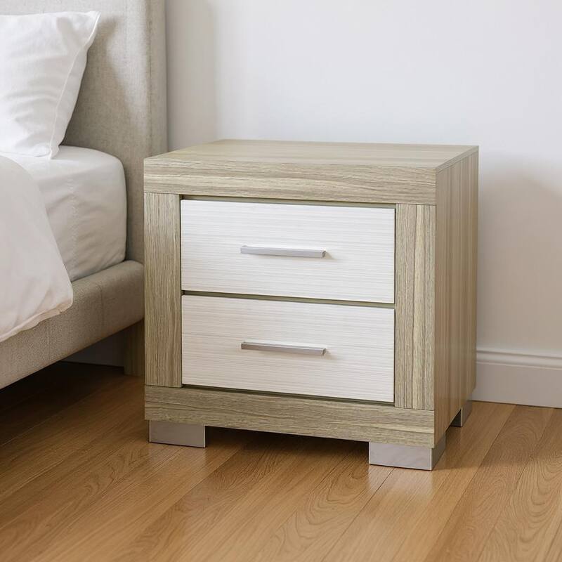 HomeRoots 23" Natural And White Wood Square Two Drawer Nightstand - Natural - 2-drawer