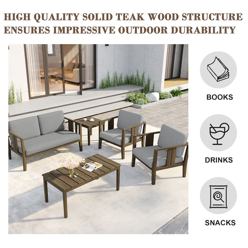 5-Piece Patio Furniture Solid Teak Outdoor Conversation Set