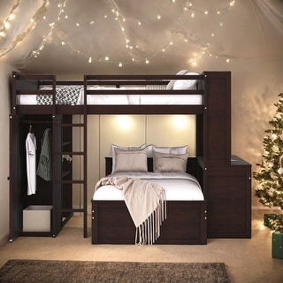 Contemporary Full size Loft Bed with a Stand-alone bed, Shelves, Desk and Wardrobe, Health and Comfort, Maximized Space, Black