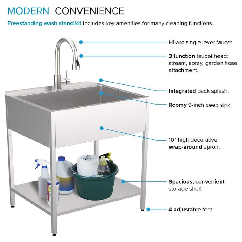 Transolid 28-in W x 22-in D x 35-in H Stainless Steel Laundry Sink and Wash Stand - 28-in x 22-in