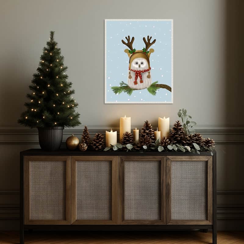 Christmas Fluffy Owl and Antlers by Fab Funky (23 x 28 in.), Framed Canvas Wall Art Print - Sylvie Beaded White