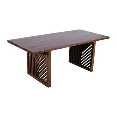 Rise 76 Inch Dining Table, Rectangular Top, Patterned Base, Brown Wood