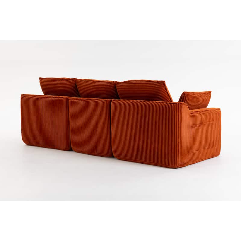 L Shaped Sectional Sofa Corduroy Upholstered Boneless Couches with Movable Footstool, With Three Pillows and Two Lumbar Pillows