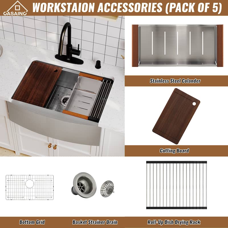 Stainless Steel Sink 16-Gauge Single Bowl Farmhouse Apron Workstation Kitchen Sink in Brushed with Accessories