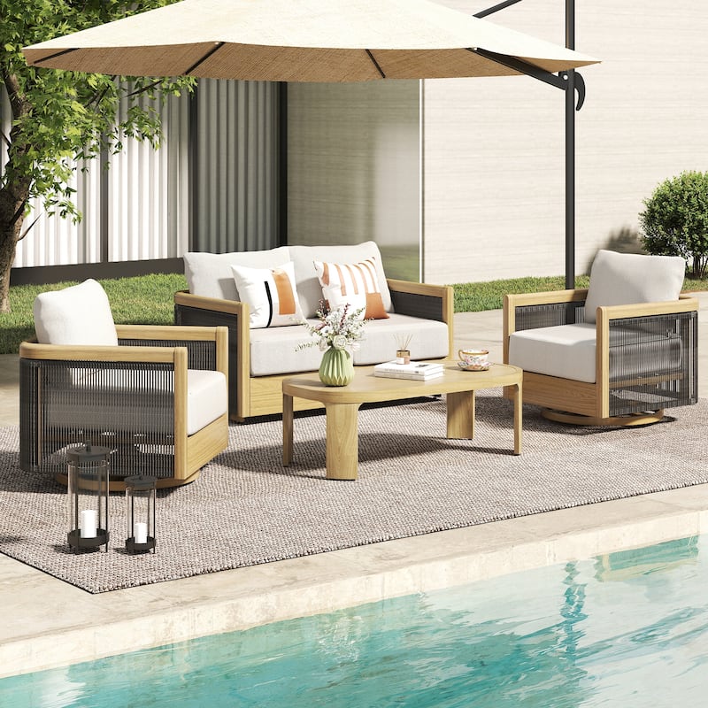 Overture 4-Piece Natural Wood Grain Aluminum Hand-Woven Rope Patio Conversation Set with Swivel Chairs, Cushions, Coffee Table