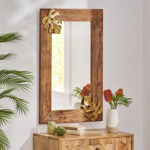 slide 1 of 11, Ridgeway Boho Handcrafted Rectangular Mango Wood Wall Mirror by Christopher Knight Home - 24.00" L x 1.00" W x 36.00" H Natural + Antique Gold