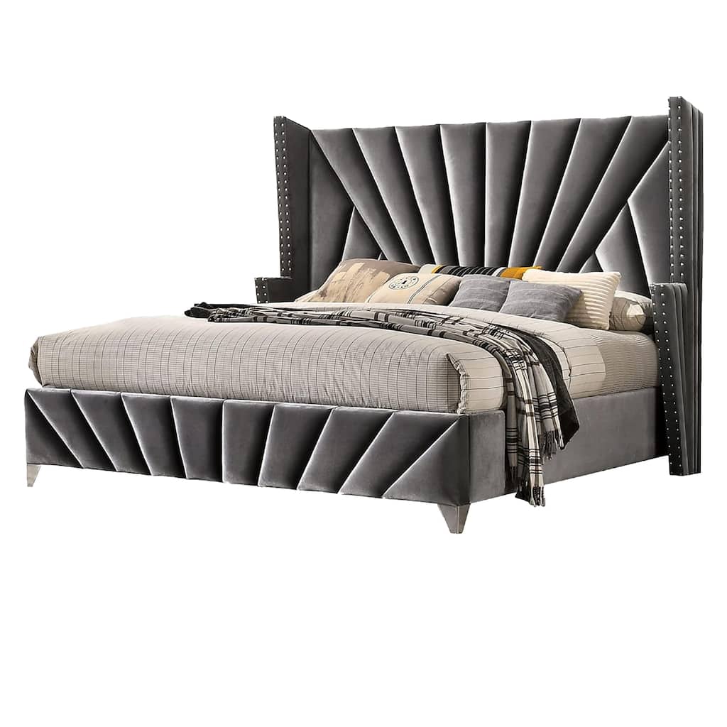 Ino Wingback King Bed, Nailhead Trim, Gray Tufted Velvet Upholstery