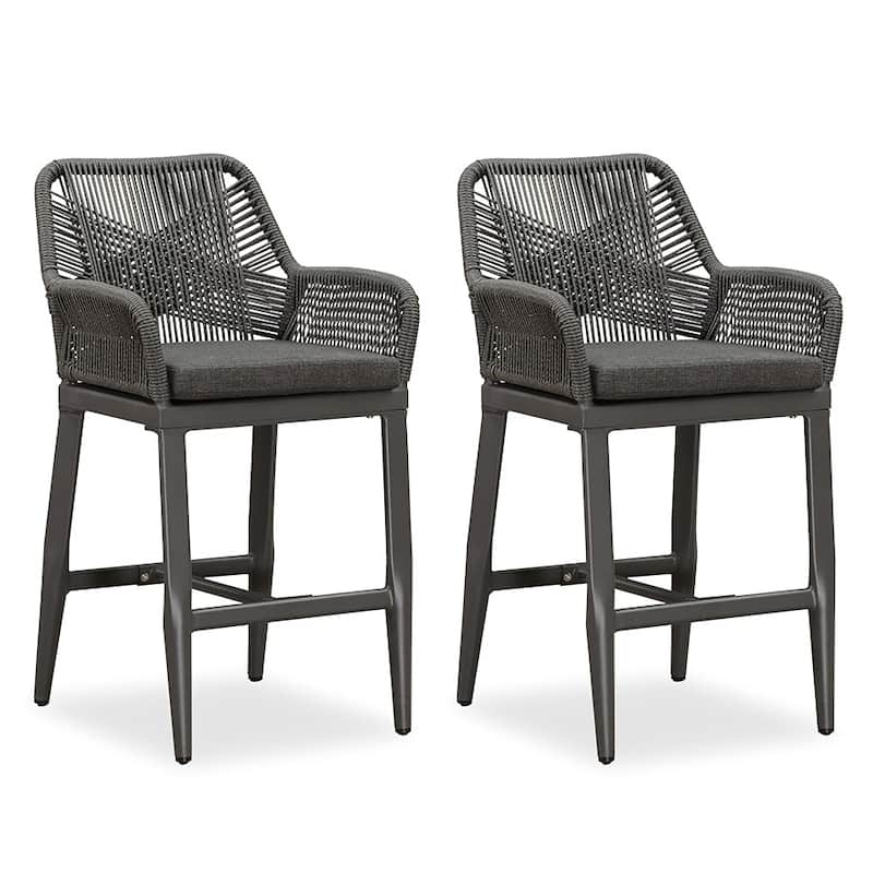 PURPLE LEAF Outdoor Bar Stools Chair Set of 2, All Weather Rattan and Aluminum Patio Bar Stool with Cushion - Black-counter stool