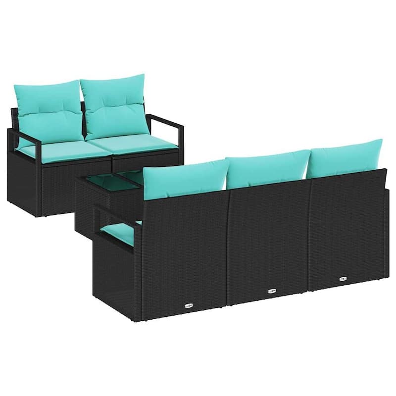 vidaXL 6 Garden Sofa Set with Cushions Black Poly Rattan - 68.9 x 24.4 x 27.2