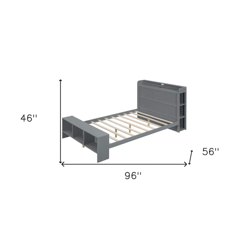 HomeRoots Gray Wood Full Bed Frame With LED Lighting And USB