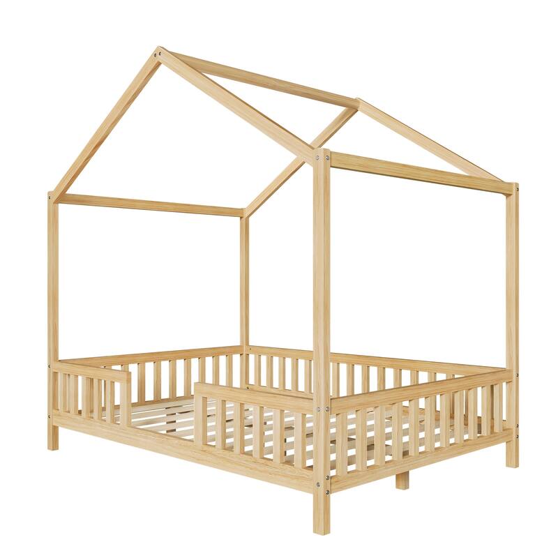Montessori Toddler Bed Kids House Bed with Airy Canopy, Wood Bed Frame Bed Tent with 4 Full Guardrails, No Box Spring Needed