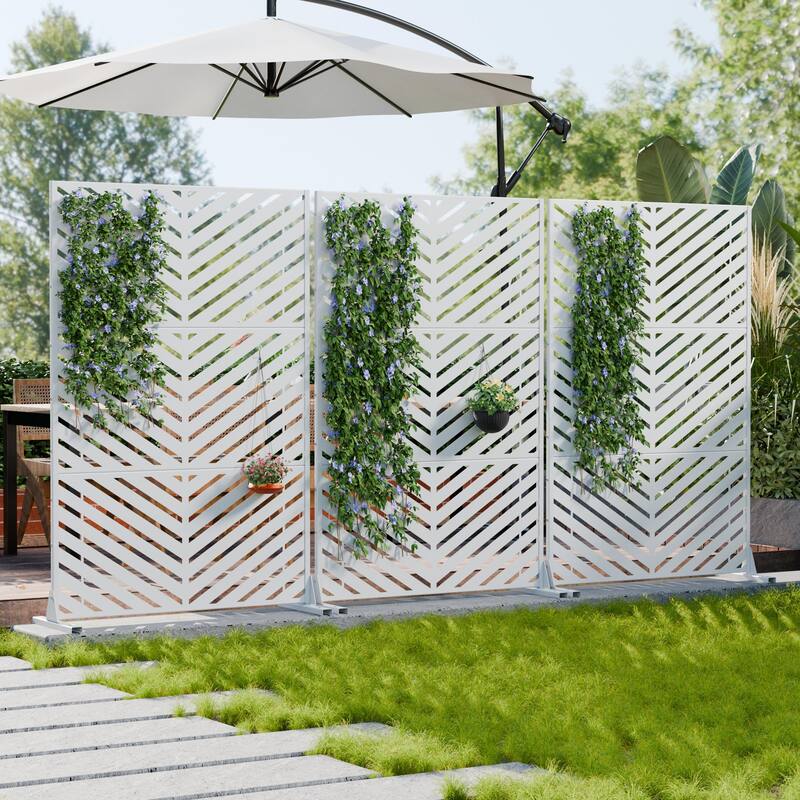 Outdoor Privacy Screen 2-Panel Chevron Metal Privacy Fence with Wind-Resistant Base Durable Decorative Divider