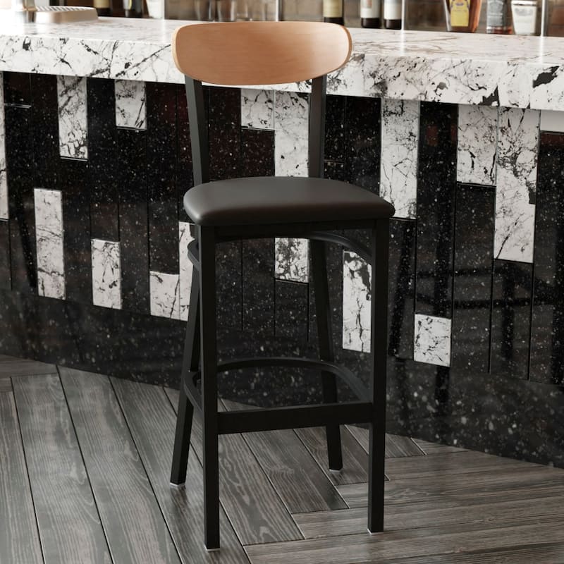Commercial Metal Barstool with Wood Seat and Boomerang Back