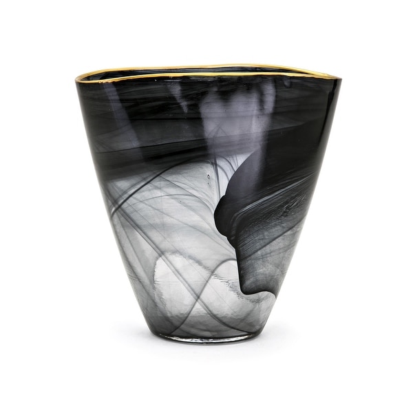 9" Swirled Black and Gold Lipped Oblong Glass Vase - N/A