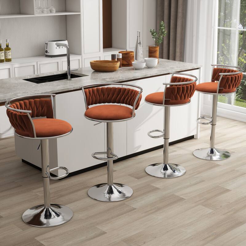 4 Set Modern Velvet Adjustable Swivel Bar Stools with Metal Frame