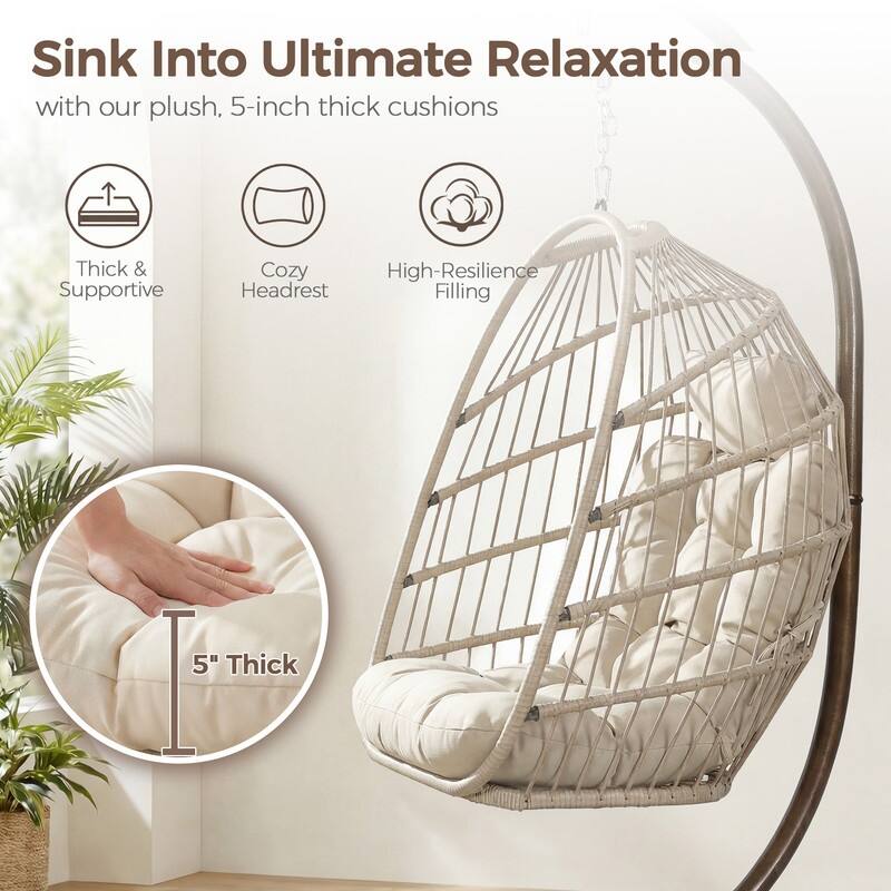 Oversized Wicker Hanging Egg Chair with Stand, Outdoor Indoor Swing Chair with Cushion, 350 lb Capacity