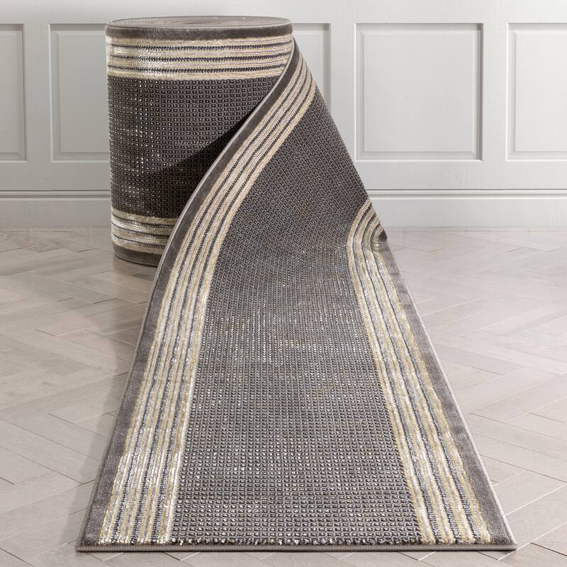 Custom Size Runner Fairmont Waylon Glam Solid & Striped Stair Rug - 2' 3" x 19' - Grey - Runner
