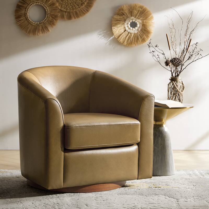 Althea Modern Genuine Leather Swivel Barrel Chair with Solid Wood Base By HULALA HOME