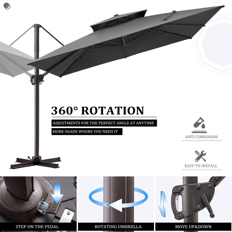 Pellebant 11X11FT Outdoor Patio Cantilever Offset 360 Degree Rotation Umbrella with HDPE Base