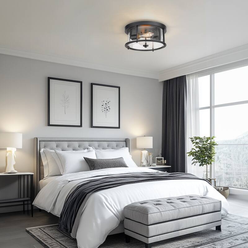 2 Light Flush Mount Ceiling Light Matte Black Finish with Seeded Glass - 12" x 12" x 5.6"(L x W x H)