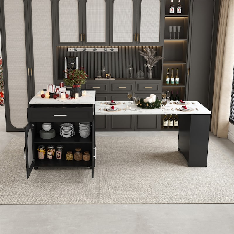 80" Expandable Kitchen Island with Dining Table, Mobile Storage Cart with Cabinet