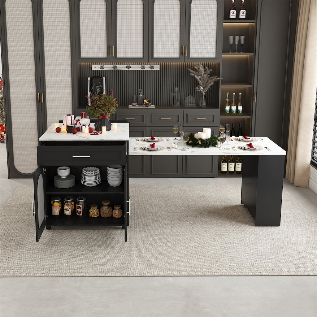 80" Expandable Kitchen Island with Dining Table, Mobile Storage Cart with Cabinet
