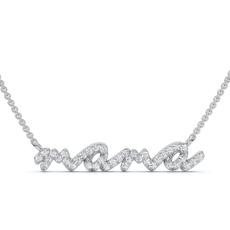 Bliss Diamond Diamond Script Mama Pendant Gold Necklace 1 1/2" Wide Lab Grown - White