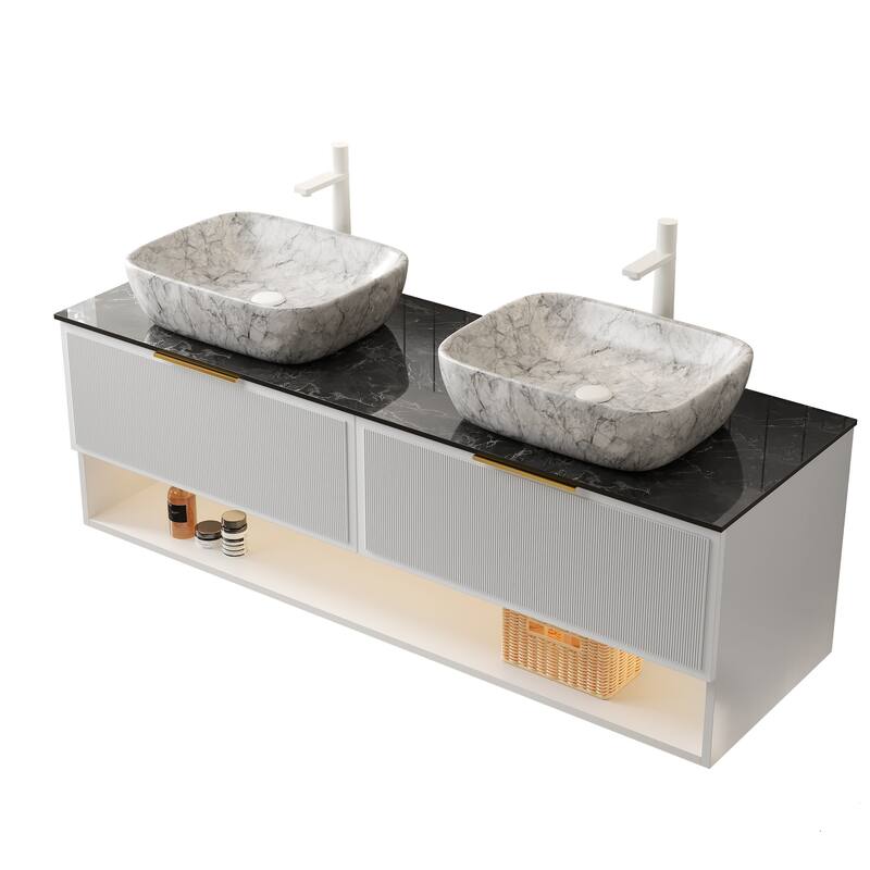 GDFStudio - Malone Modern Floating Bathroom Vanity with Pinstripe Drawers, Open Shelf & Marble Ceramic Basin, WITHOUT Faucet