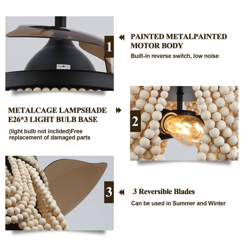 Bella Depot 42" Bohemian Retractable Ceiling Fan with Remote and Light 6-speed Modern Wood Chandelier