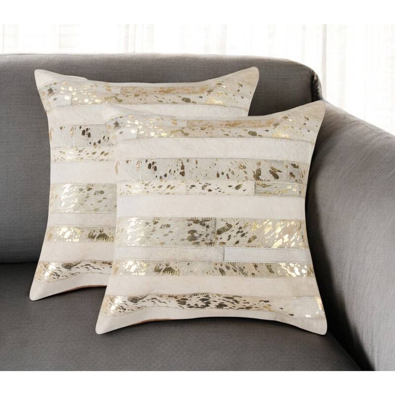 Set of Two 18" Natural and Gold Striped Cowhide Throw Pillows with Glitter - Gold