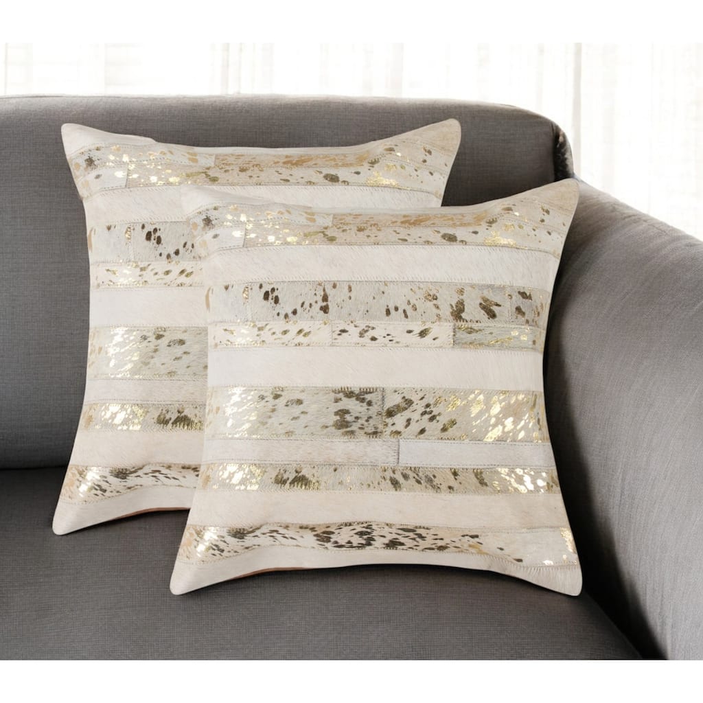 Set of Two 18" Natural and Gold Striped Cowhide Throw Pillows with Glitter