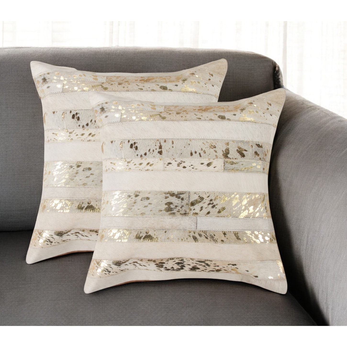 Set of Two 18" Natural and Gold Striped Cowhide Throw Pillows with Glitter