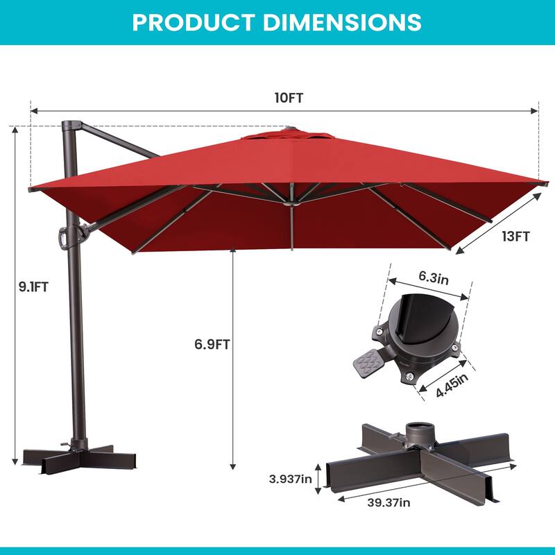 10 X 13FT Outdoor Patio Cantilever Umbrella with Rod Base
