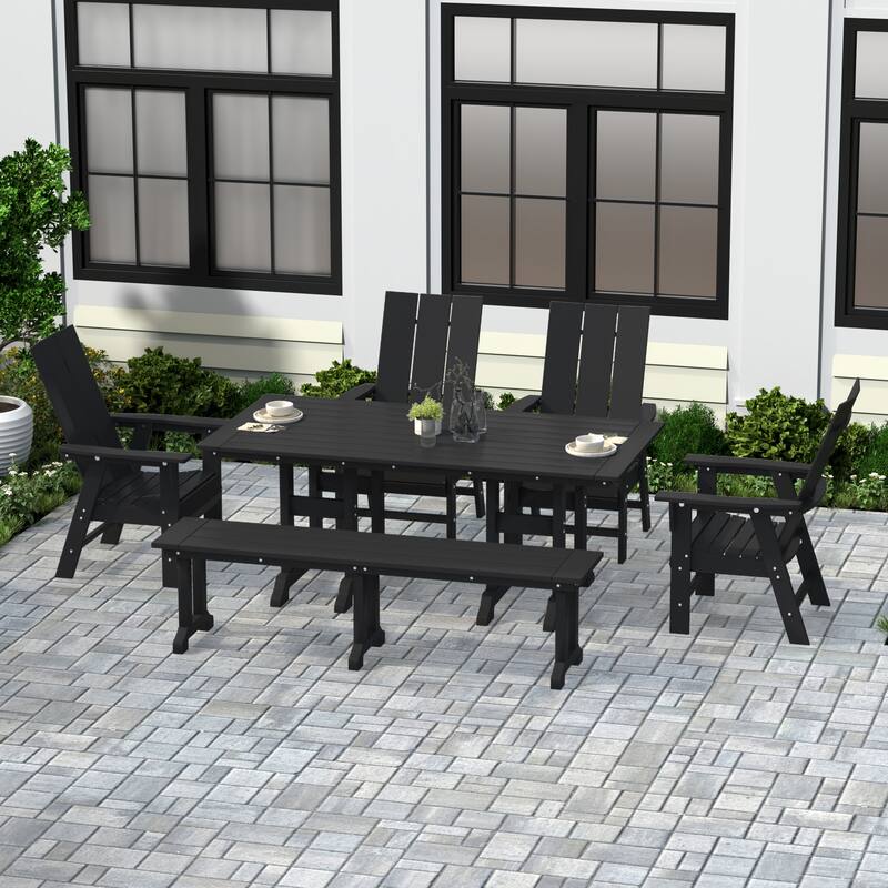 Shoreside 6-Piece Rectangular Poly Eco-Friendly All Weather Outdoor Dining Set with Bench - Black