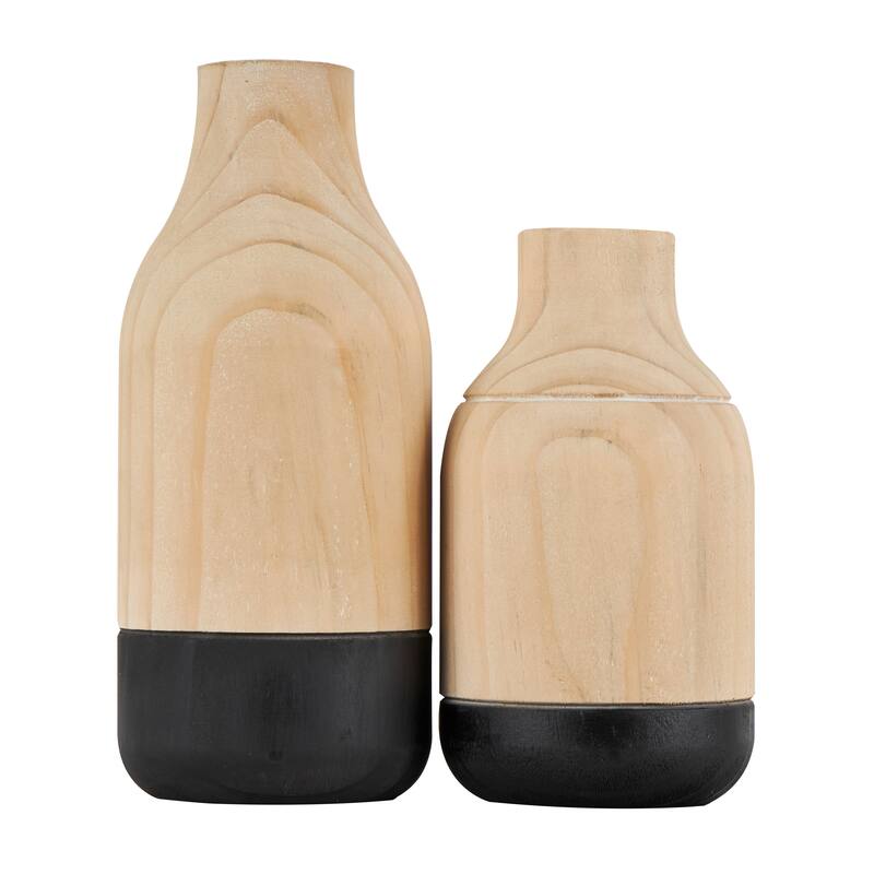 Light Brown Wood Colorblock Decorative Vase with Black Bases (Set of 2)